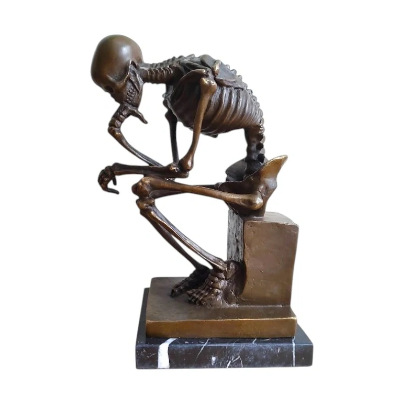 Bronzová socha Kostlivec Myslitel Thinker XL, gotická dekorace, memento mori, signovaný a číslovaný