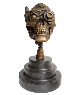 Steampunková lebka – bronzová soška hlavy robota, originální umělecká dekorace v industriálním stylu
