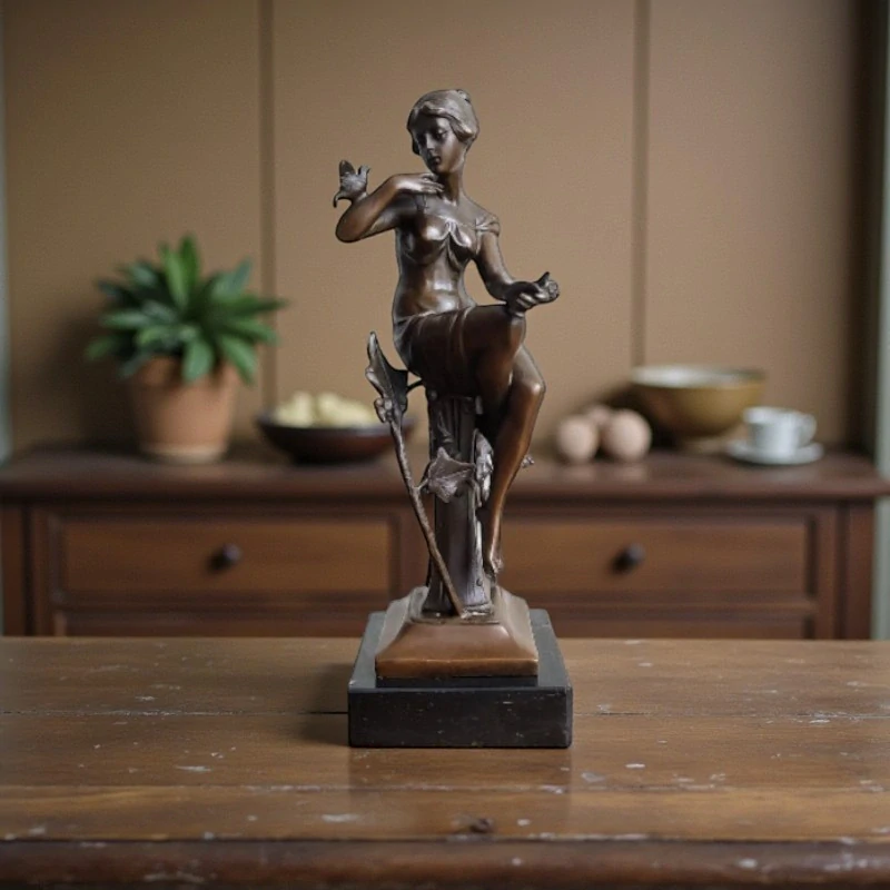 Elegantní socha ženy s ptáky z bronzu