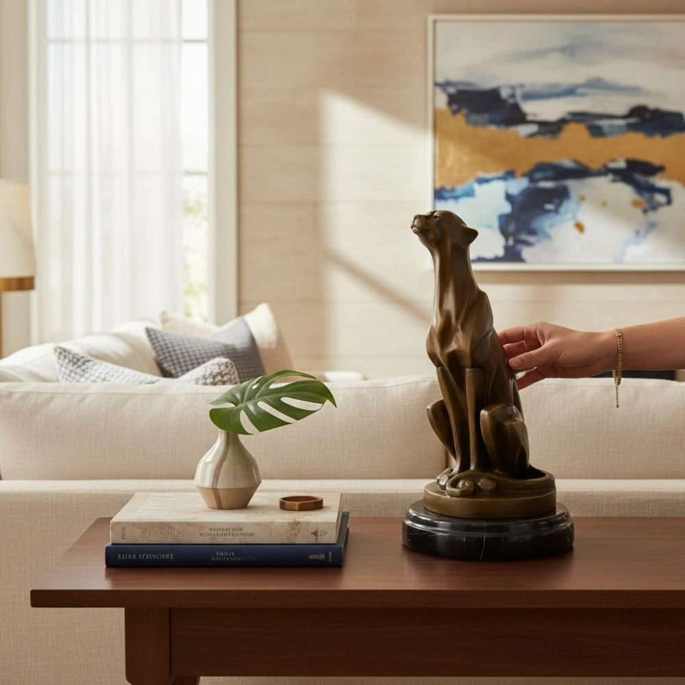 Bronzová socha geparda – moderní zvířecí socha na mramorovém podstavci