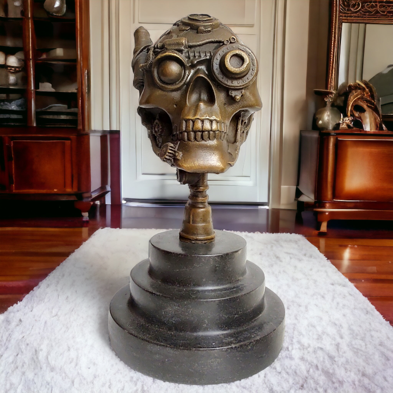 Steampunková lebka – bronzová soška hlavy robota, originální umělecká dekorace v industriálním stylu