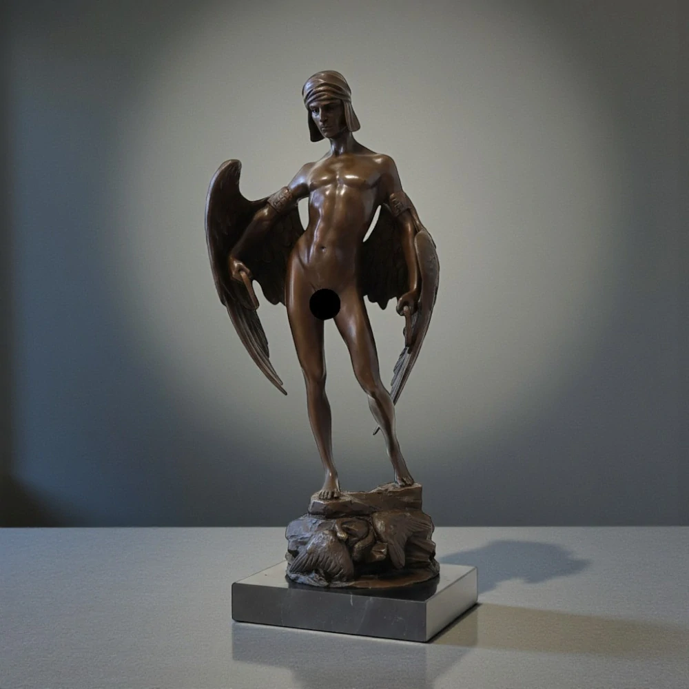 Bronzová socha „Ikarus“ – podepsáno A. Gilbert | Francouzské Art Deco umění z bronzu na mramorovém podstavci