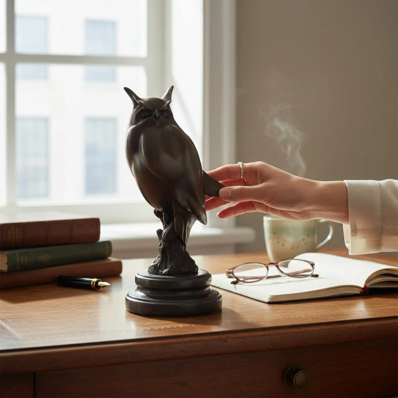 Bronzová socha sovy – Kalous ušatý, 30 cm – signovaná, číslovaná, sběratelský kus