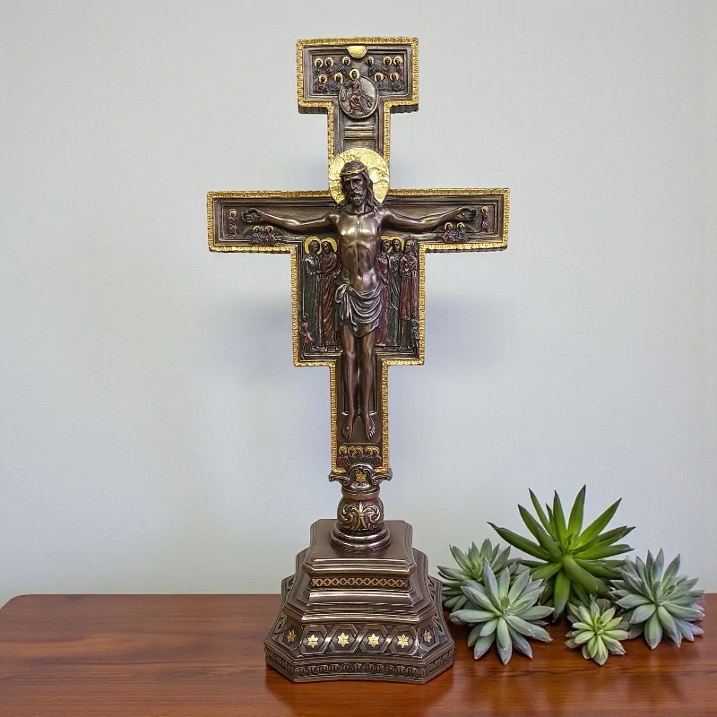 Kříž San Damiano na podstavci – Veronese, ručně malovaný krucifix 35,5 cm, WU76576A4