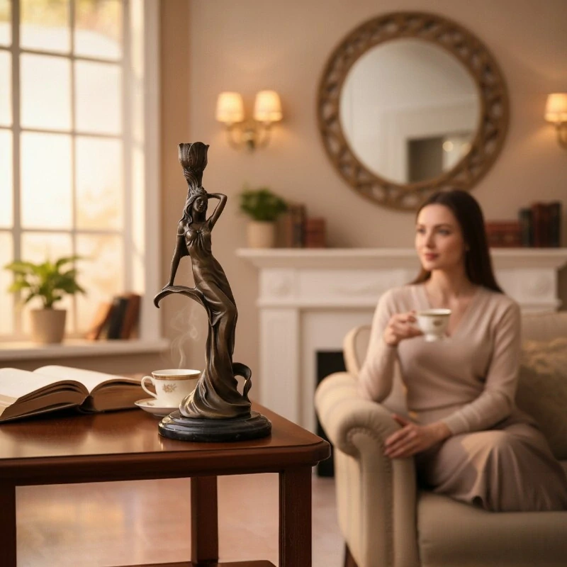 Bronzový svícen Art Nouveau – signováno Milo, patinovaný bronz na mramorové podstavě