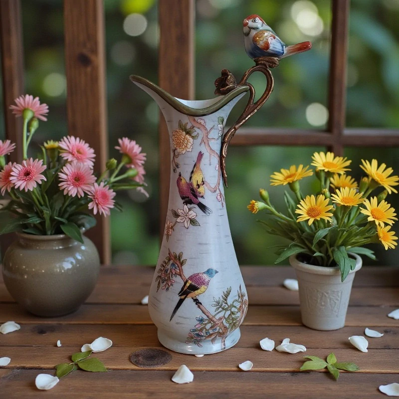 Porcelánová secesní karafa s bronzovým držadlem ve tvaru ptáčka a květinovým dekorem