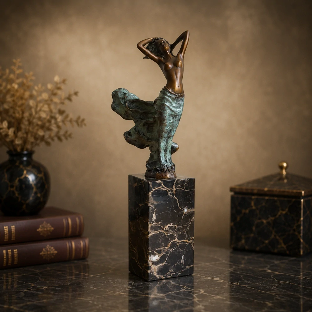 Dáma s vlajícími šaty – Art Deco bronzová socha, elegantní dekorace