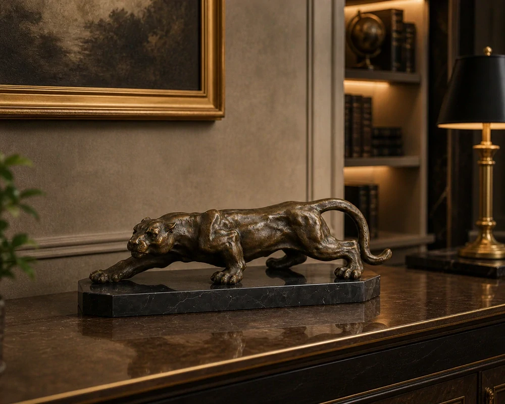 Bronzová socha pantera na mramorovém podstavci – elegantní Art Deco dekorace