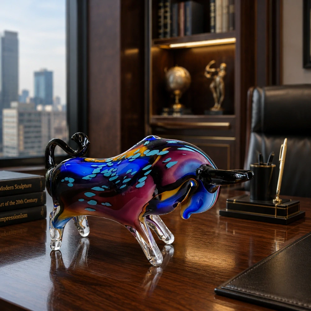 Luxusní skleněný býk ve stylu Murano – designová figurka z ručně foukaného barevného skla