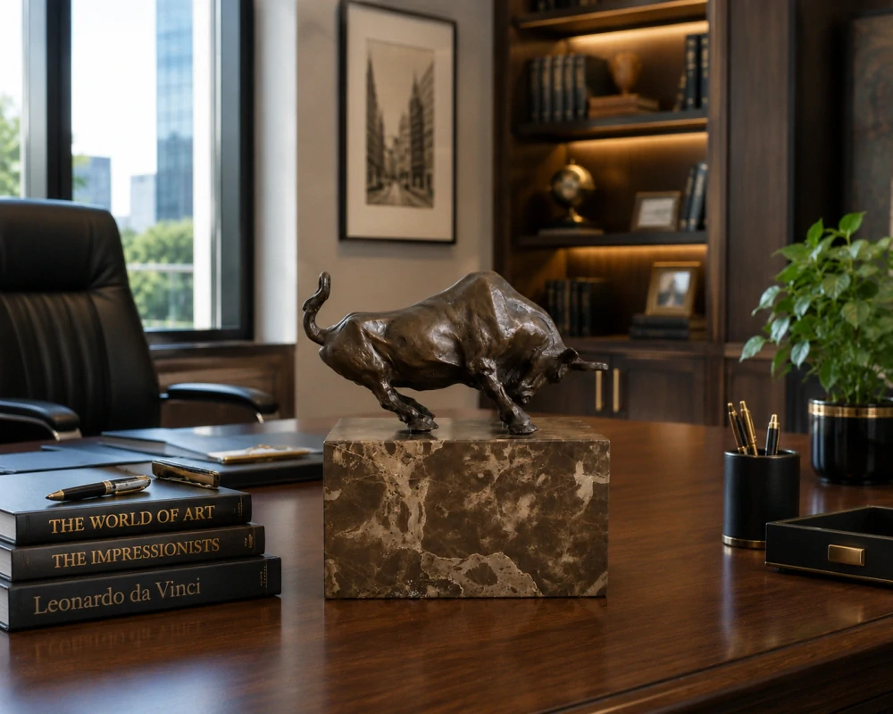 Impozantní bronzový býk Wall Street – symbol síly, úspěchu a prosperity, pravý bronz na mramoru