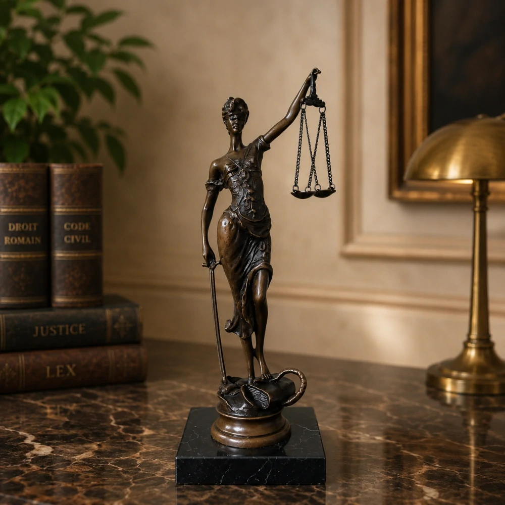 Bronzová soška Spravedlnosti (Justitia) – signováno Mayer – patinovaný bronz na mramoru, 23 cm