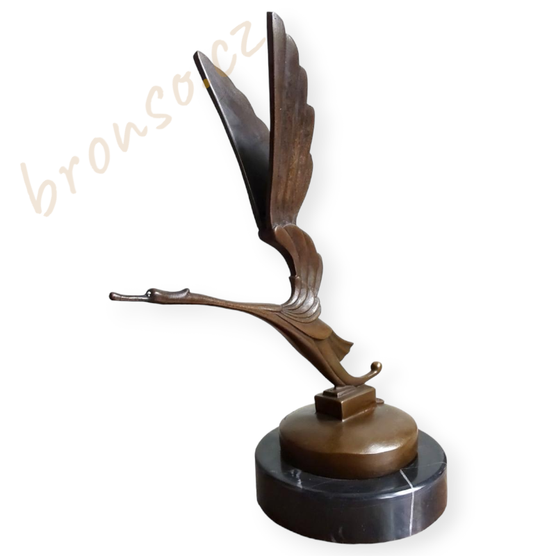 Čáp bílý – Flying Stork Mascot, bronzová soška ve stylu Lalique, luxusní umělecká dekorace
