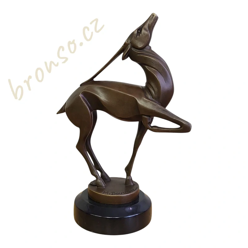 Art deco bronzová socha antilopy na mramorovém podstavci. Signovaná a číslovaná, inspirovaná dílem M. A. Bouraina.