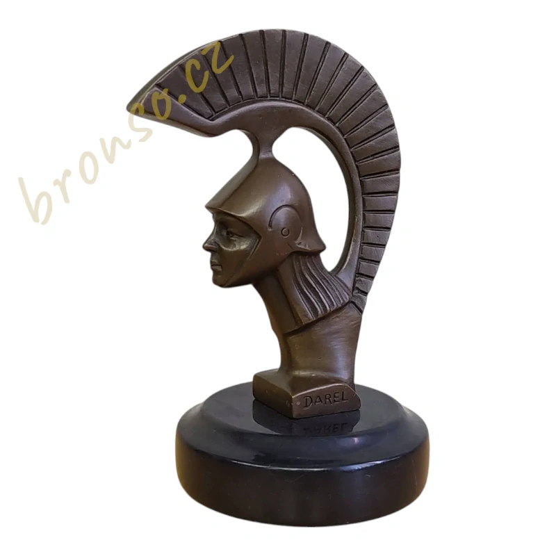 Art Deco bronzová soška – poprsí spartského válečníka (Spartan, Sparta), antická helma, Georges Darel