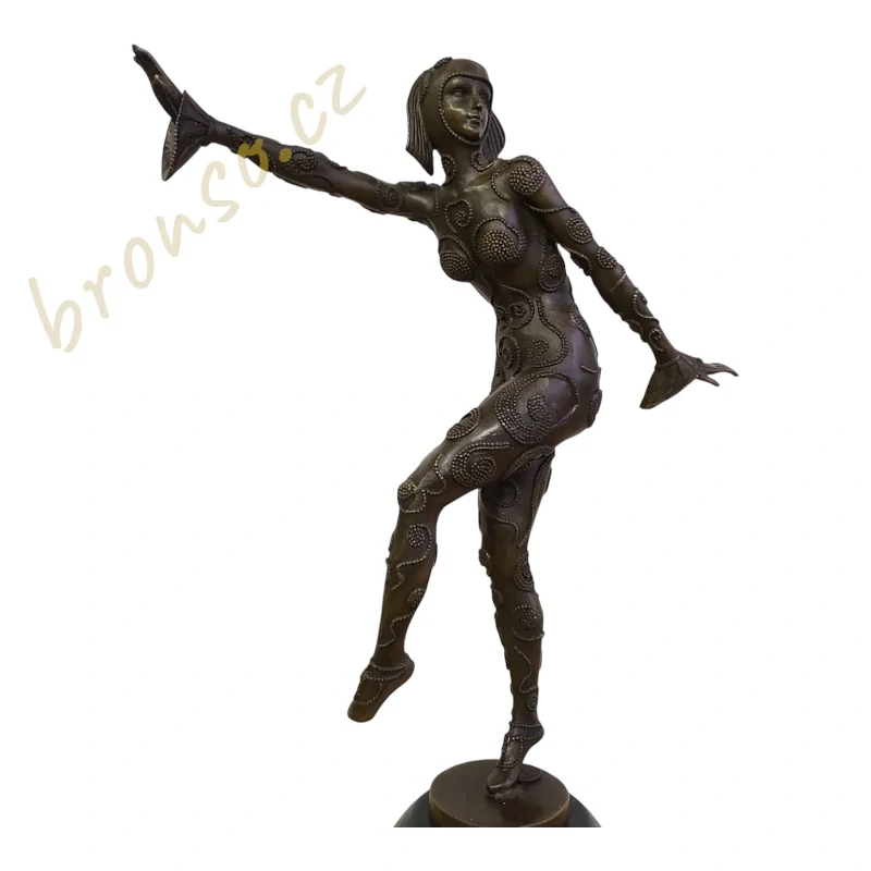 Art Deco bronzová socha The Phoenician Dancer – tanečnice na mramorovém podstavci
