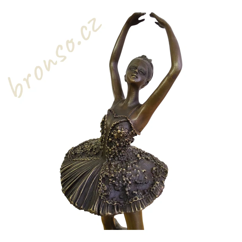 Bronzová socha baletky Art Nouveau – ruční práce, 31 cm, mramorový podstavec