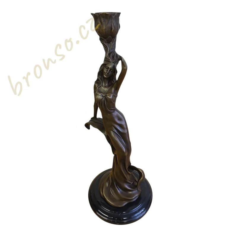 Bronzový svícen Art Nouveau – signováno Milo, patinovaný bronz na mramorové podstavě