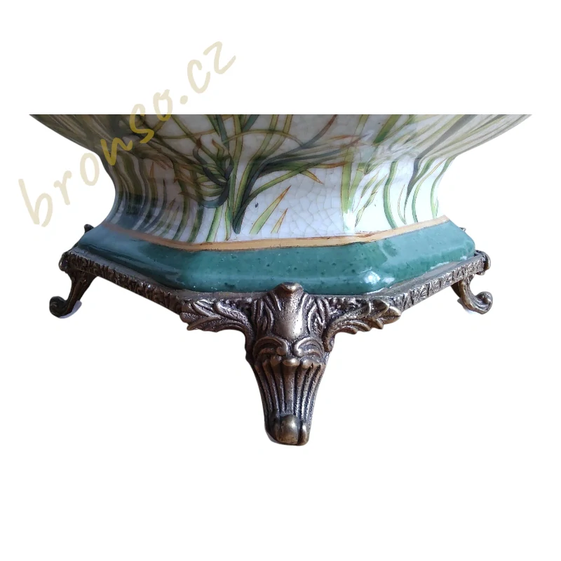 Luxusní porcelánová mísa s bronzovými vážkami – Art Nouveau styl, květinový motiv, dekorativní středový prvek