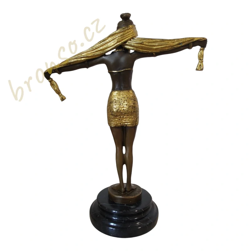 Art Deco bronzová socha tanečnice – orientální tanečnice na mramorovém podstavci