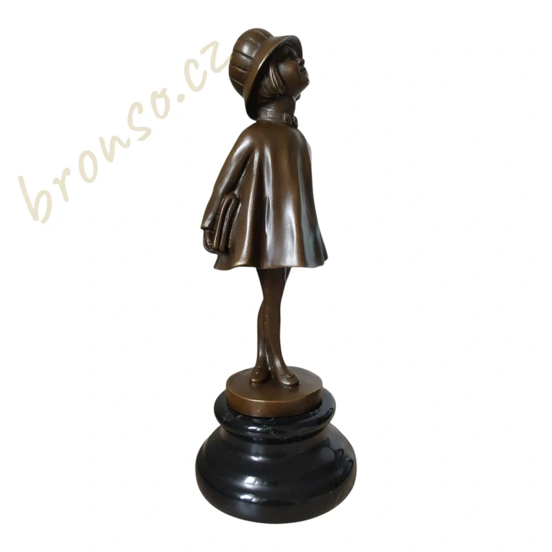 Socha studentky s aktovkou – bronz na mramorovém podstavci – Art Deco figurka – elegantní dekorace