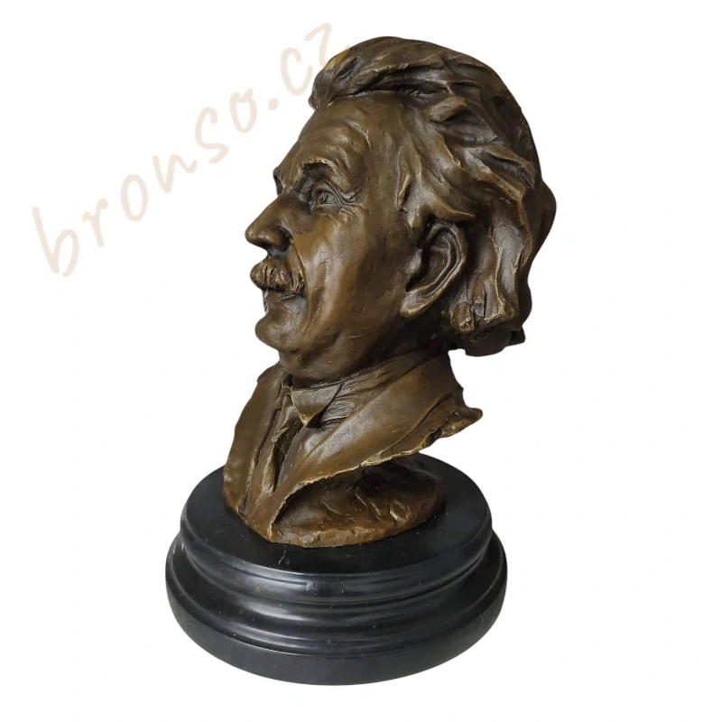 Albert Einstein – bronzová busta na mramorovém podstavci, umělecká socha