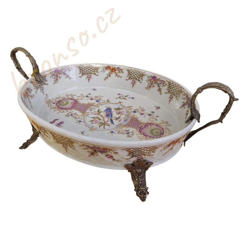 Porcelánová mísa s bronzovými uchy a nožkami – motiv ptáčka a květin, elegantní dekorace ve stylu Art Nouveau