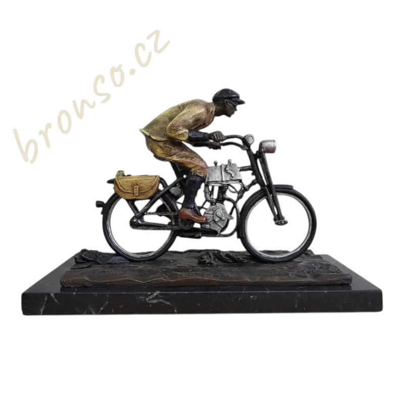 Vídeňský bronz – socha motorkáře ve stylu Art Nouveau, signováno Decker