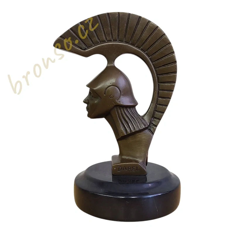 Art Deco bronzová soška – poprsí spartského válečníka (Spartan, Sparta), antická helma, Georges Darel