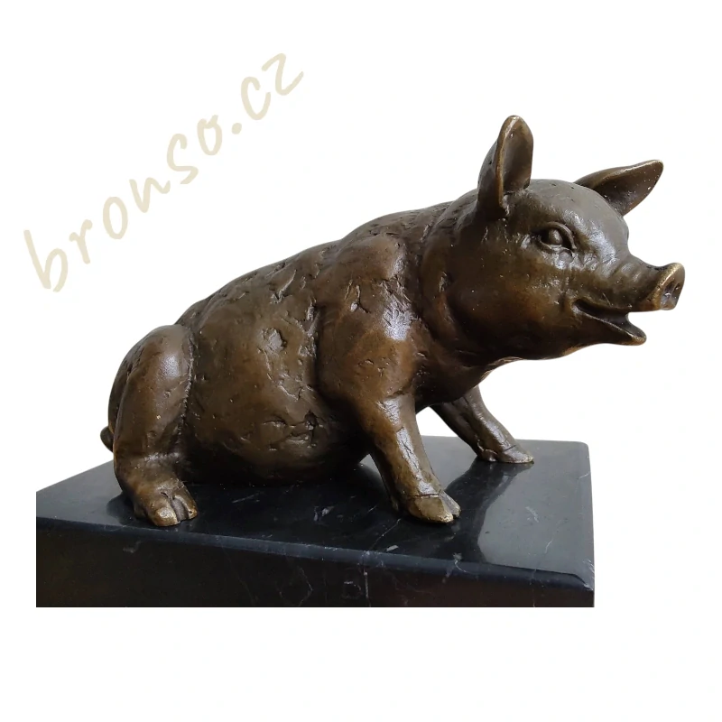 Bronzová socha prasátka na mramoru – signovaný bronz s patinou, slévárenská značka, dekorace, sběratelský dárek
