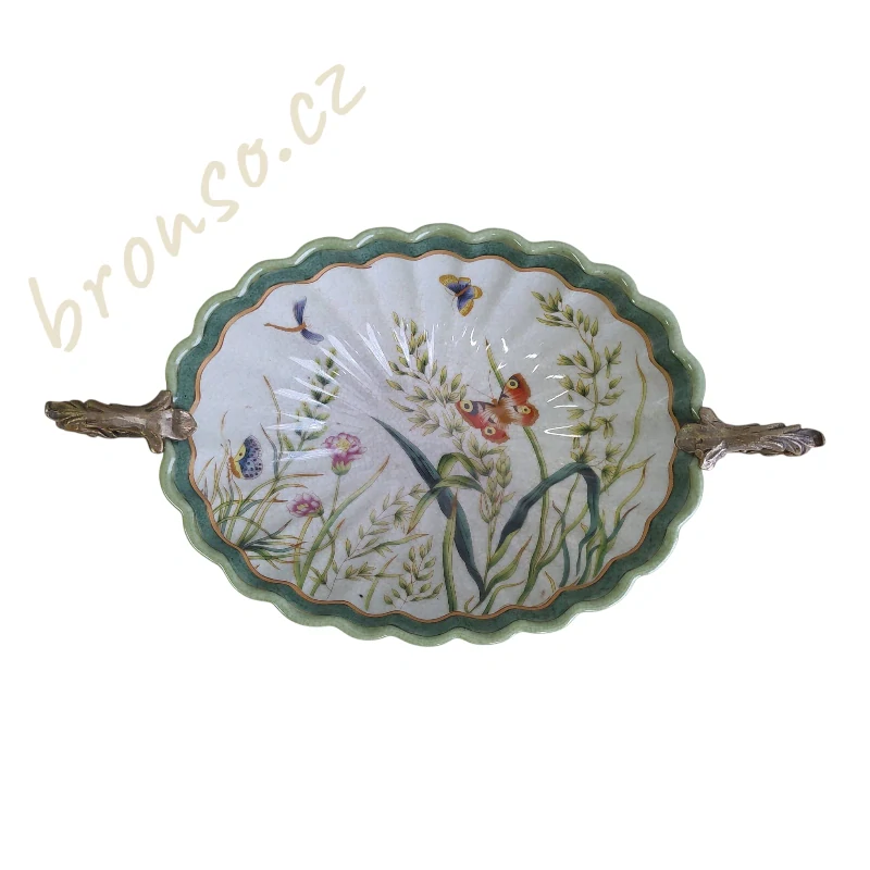 Porcelánová mísa s bronzovým podstavcem – elegantní dekorativní mísa s květinovým a ptačím motivem, luxusní středový prvek