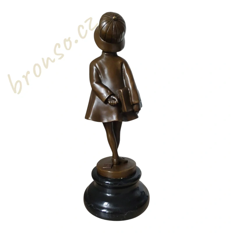 Socha studentky s aktovkou – bronz na mramorovém podstavci – Art Deco figurka – elegantní dekorace
