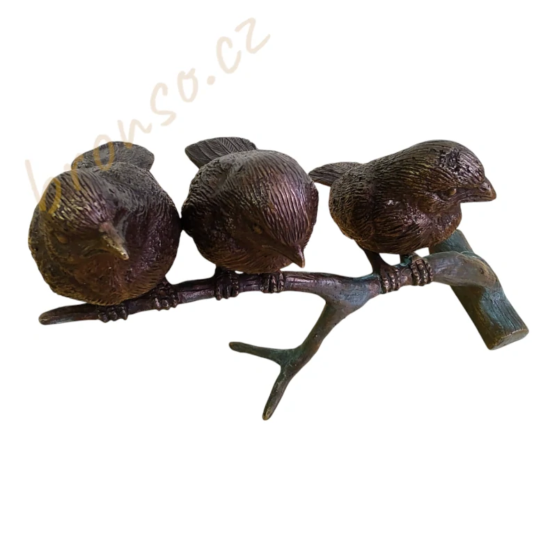 Tři malí vrabci – bronzová soška ptáků, dekorace do domu i zahrady