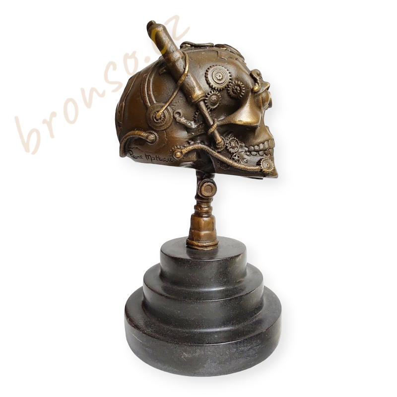 Steampunková lebka – bronzová soška hlavy robota, originální umělecká dekorace v industriálním stylu