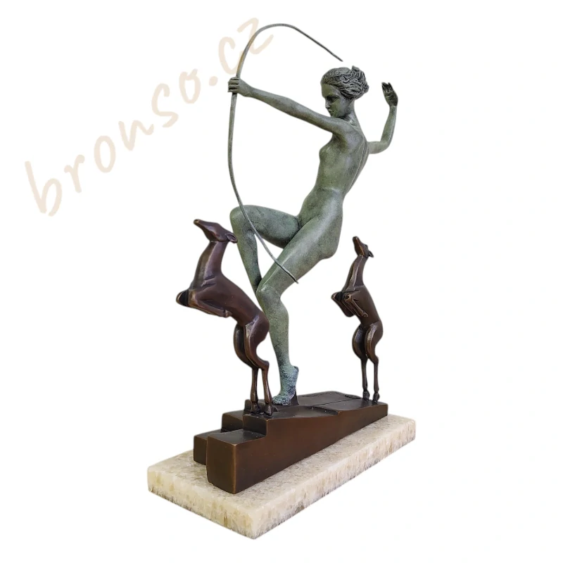 Art Deco bronzová socha Diany: soška bohyně s kolouchy – Diana se 2 psy