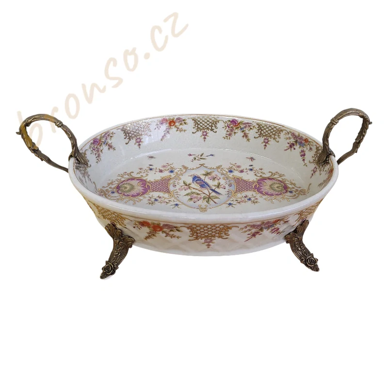 Porcelánová mísa s bronzovými uchy a nožkami – motiv ptáčka a květin, elegantní dekorace ve stylu Art Nouveau