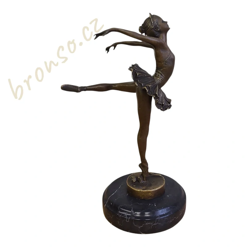 Bronzová socha baletky Art Nouveau – ruční práce, 31 cm, mramorový podstavec