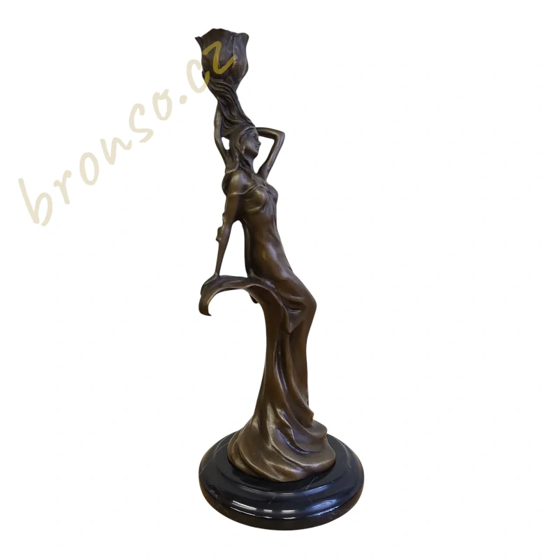 Bronzový svícen Art Nouveau – signováno Milo, patinovaný bronz na mramorové podstavě
