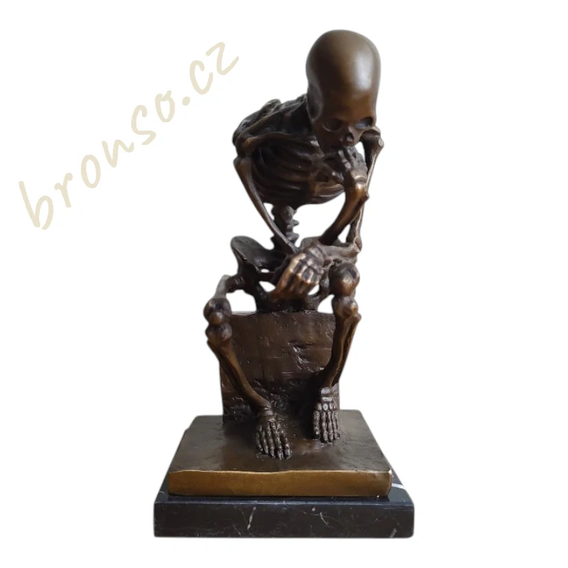 Bronzová socha Kostlivec Myslitel Thinker XL, gotická dekorace, memento mori, signovaný a číslovaný
