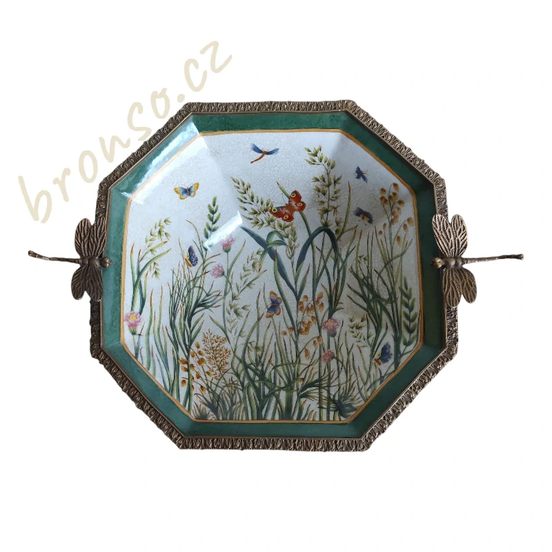 Luxusní porcelánová mísa s bronzovými vážkami – Art Nouveau styl, květinový motiv, dekorativní středový prvek