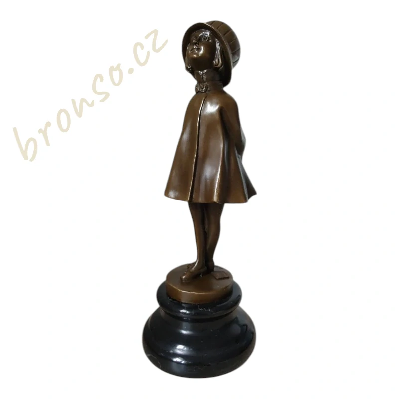 Socha studentky s aktovkou – bronz na mramorovém podstavci – Art Deco figurka – elegantní dekorace