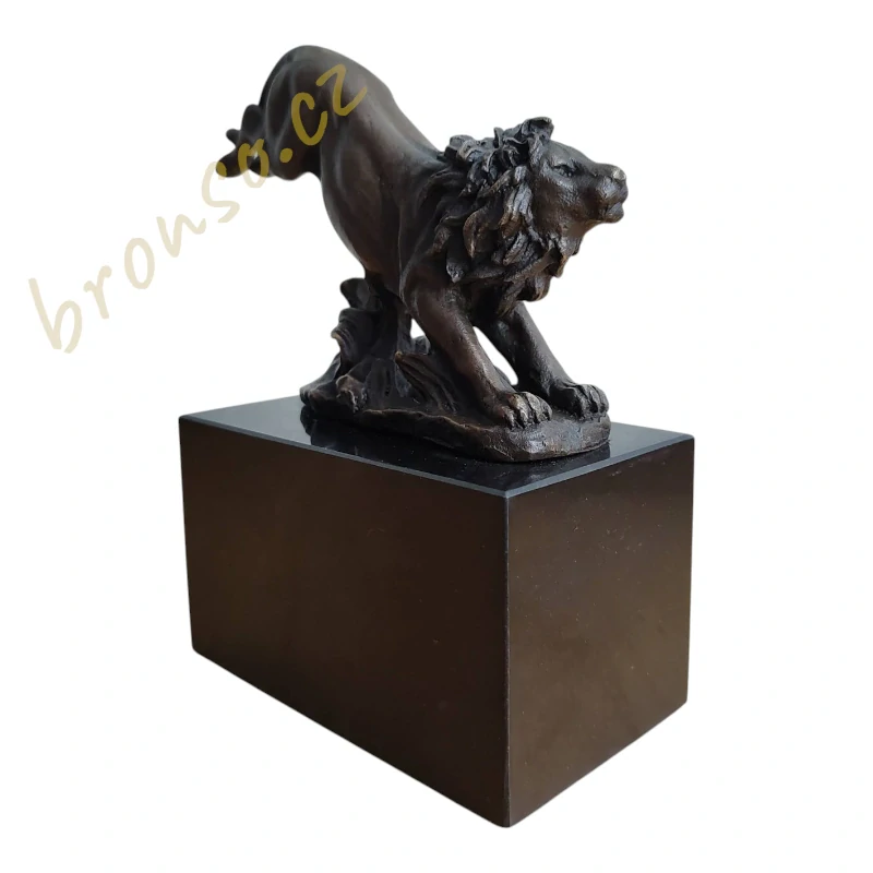 Bronzová soška skákajícího lva – Barye – signováno – bronz na mramoru