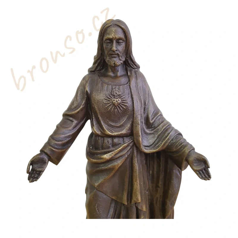 Bronzová soška Ježíše – Nejsvětější srdce Ježíšovo, křesťanská umělecká dekorace