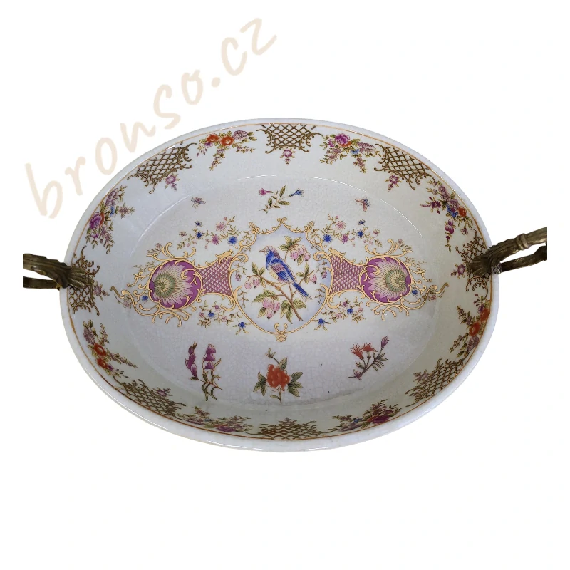 Porcelánová mísa s bronzovými uchy a nožkami – motiv ptáčka a květin, elegantní dekorace ve stylu Art Nouveau