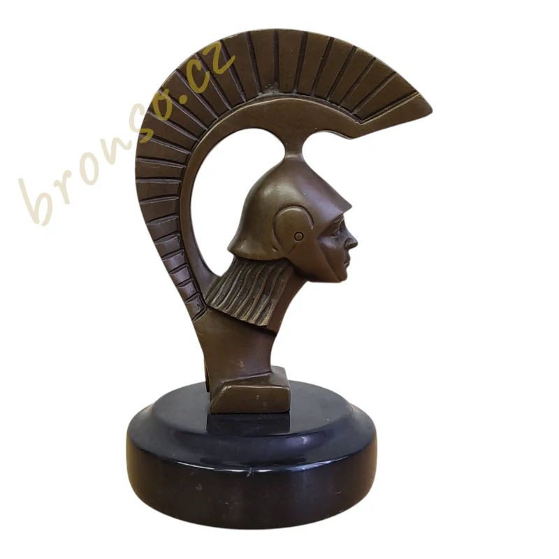 Art Deco bronzová soška – poprsí spartského válečníka (Spartan, Sparta), antická helma, Georges Darel