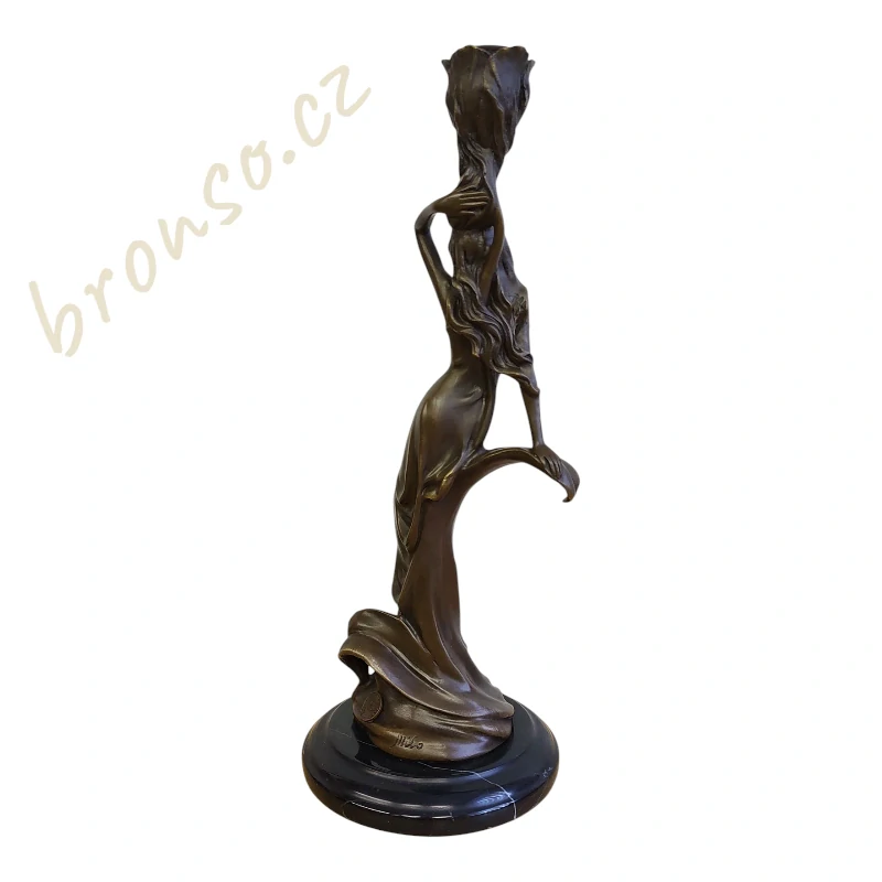 Bronzový svícen Art Nouveau – signováno Milo, patinovaný bronz na mramorové podstavě