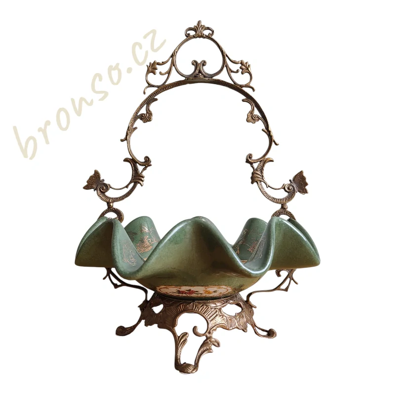 Dekorativní porcelánový košíček s bronzovým držadlem – zelená luxusní interiérová dekorace