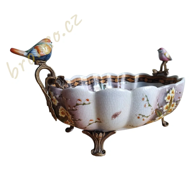 Porcelánová mísa s bronzovými ptáčky – dekorativní květinový středový prvek