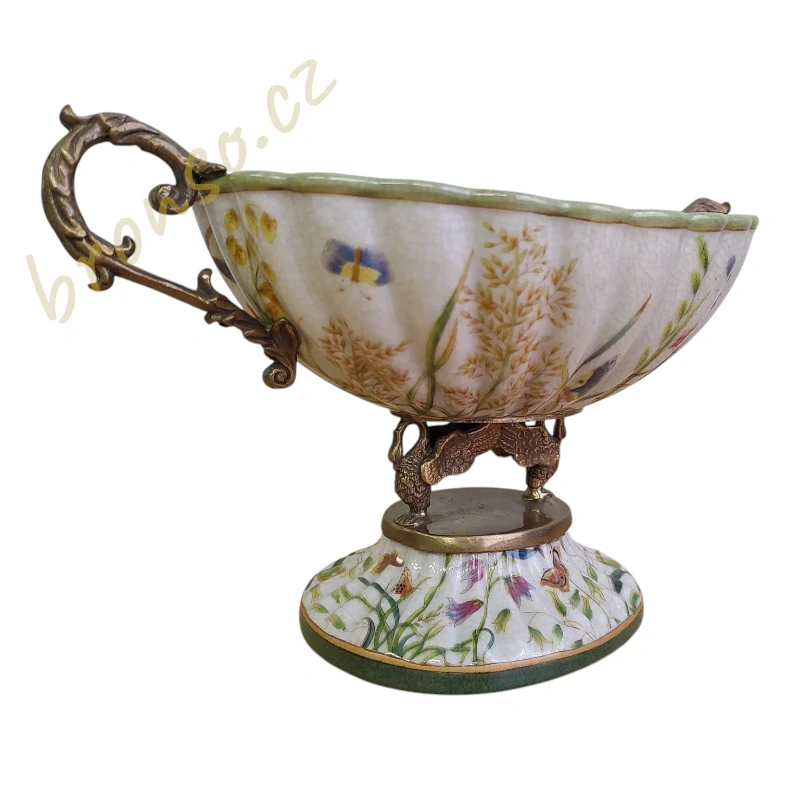Porcelánová mísa s bronzovým podstavcem – elegantní dekorativní mísa s květinovým a ptačím motivem, luxusní středový prvek
