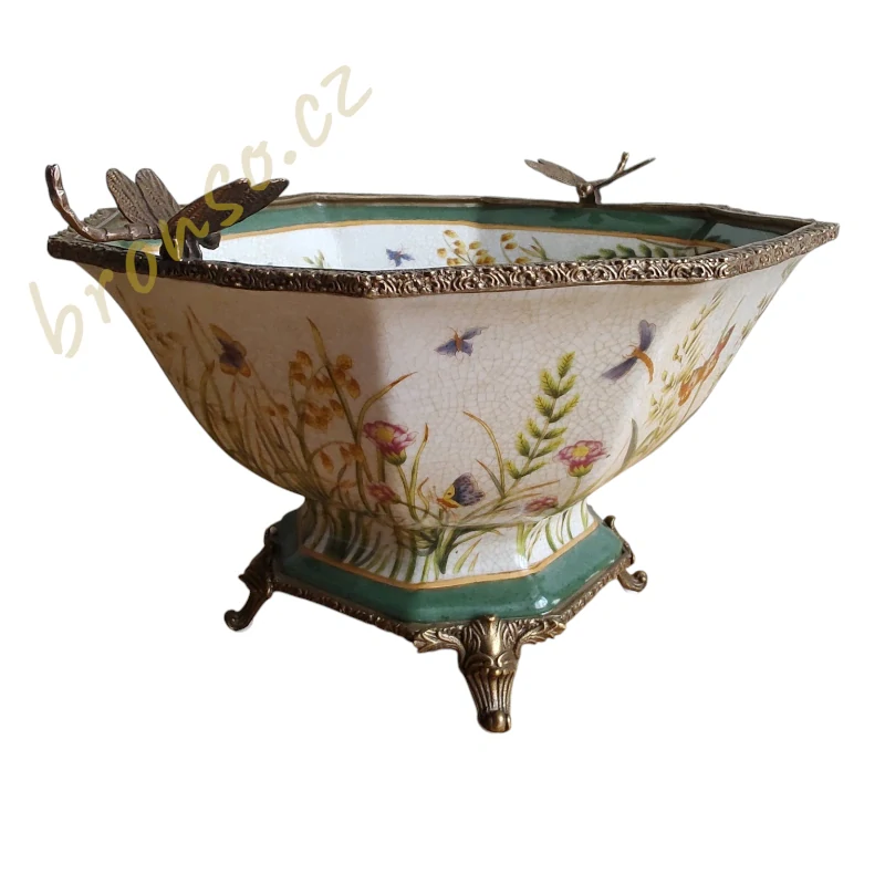 Luxusní porcelánová mísa s bronzovými vážkami – Art Nouveau styl, květinový motiv, dekorativní středový prvek