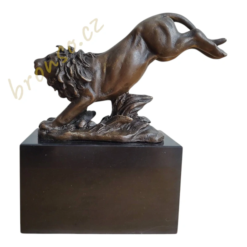 Bronzová soška skákajícího lva – Barye – signováno – bronz na mramoru